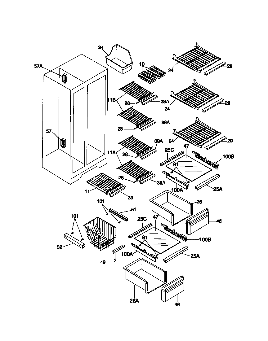 Universal/Multiflex (Frigidaire) MRS22HNCD0 shelves diagram