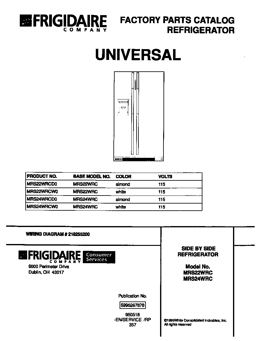 Universal/Multiflex (Frigidaire) MRS24WRCW0 front cover diagram
