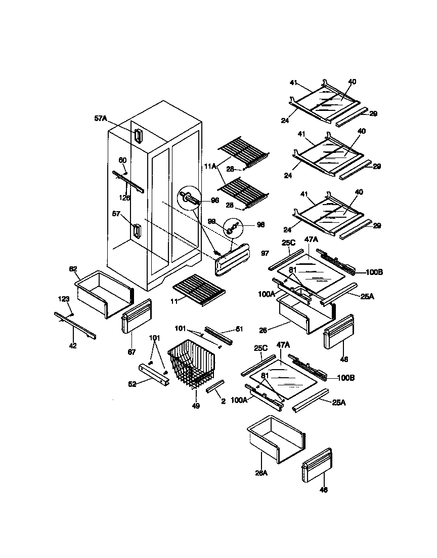 Universal/Multiflex (Frigidaire) MRS24WRCW0 shelves diagram