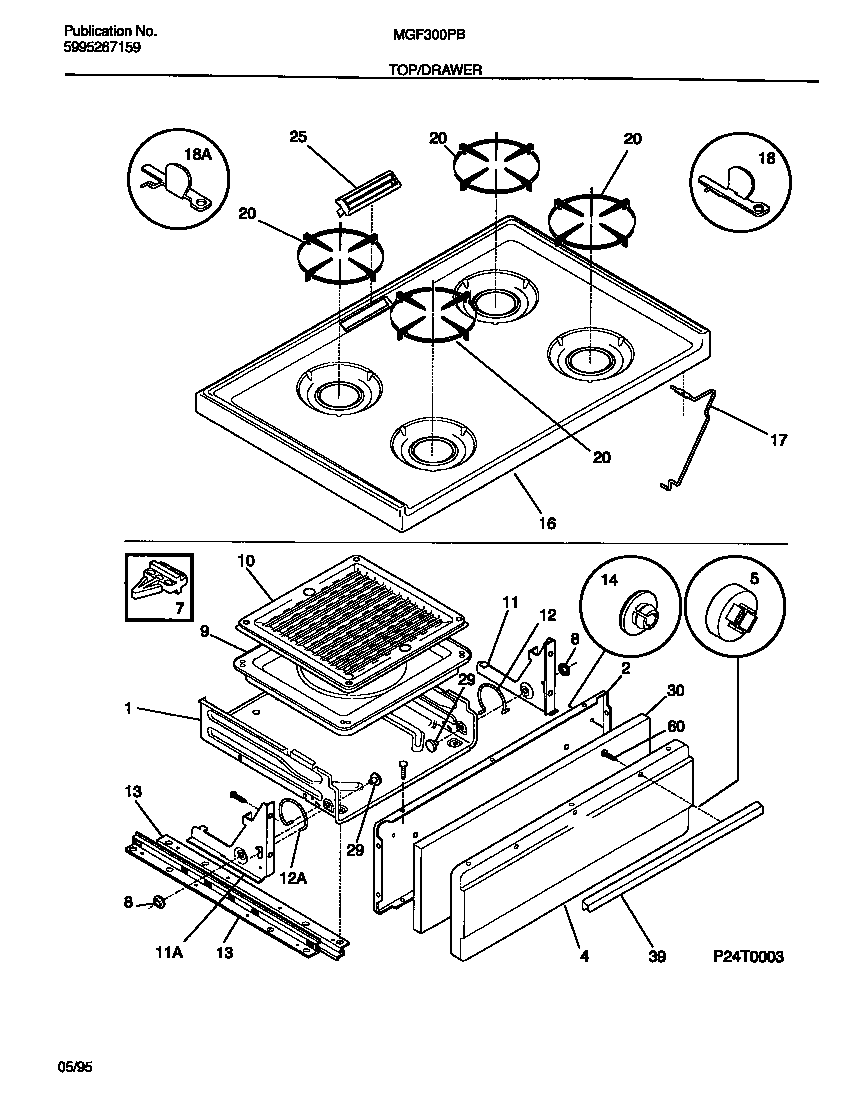Universal/Multiflex (Frigidaire) MGF300PBWC top/drawer diagram