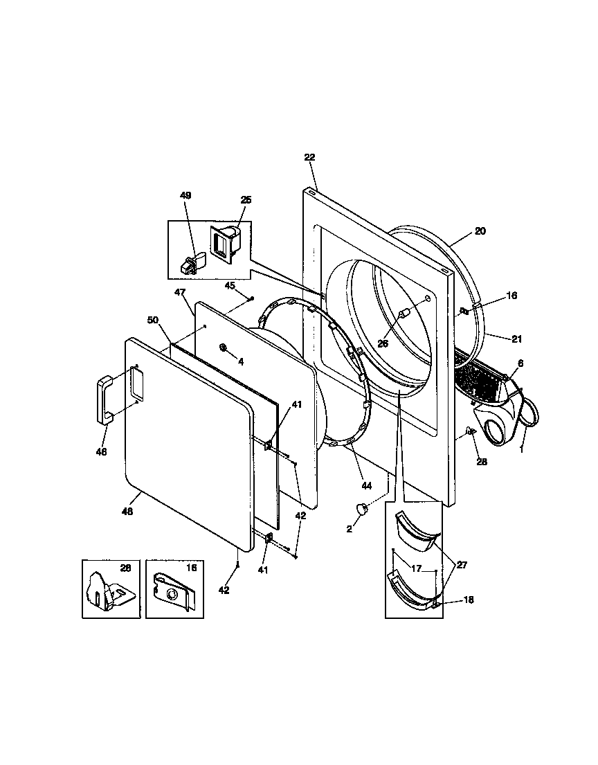Universal/Multiflex (Frigidaire) MDG216RBD1 front panel, lint filter diagram