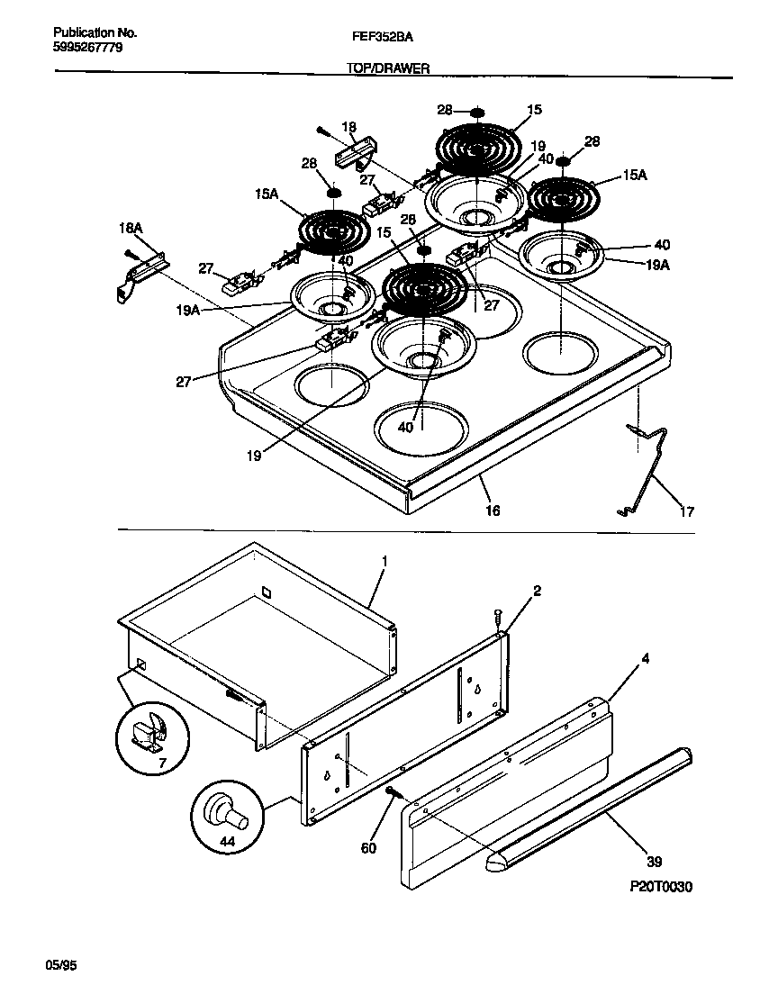 Frigidaire FEF352BADC top/drawer diagram