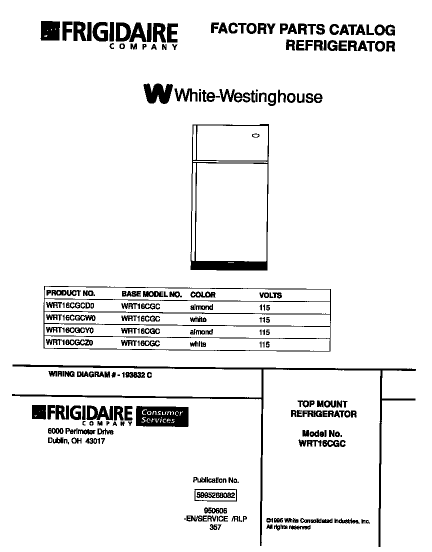 White-Westinghouse WRT16CGCY0 cover page diagram