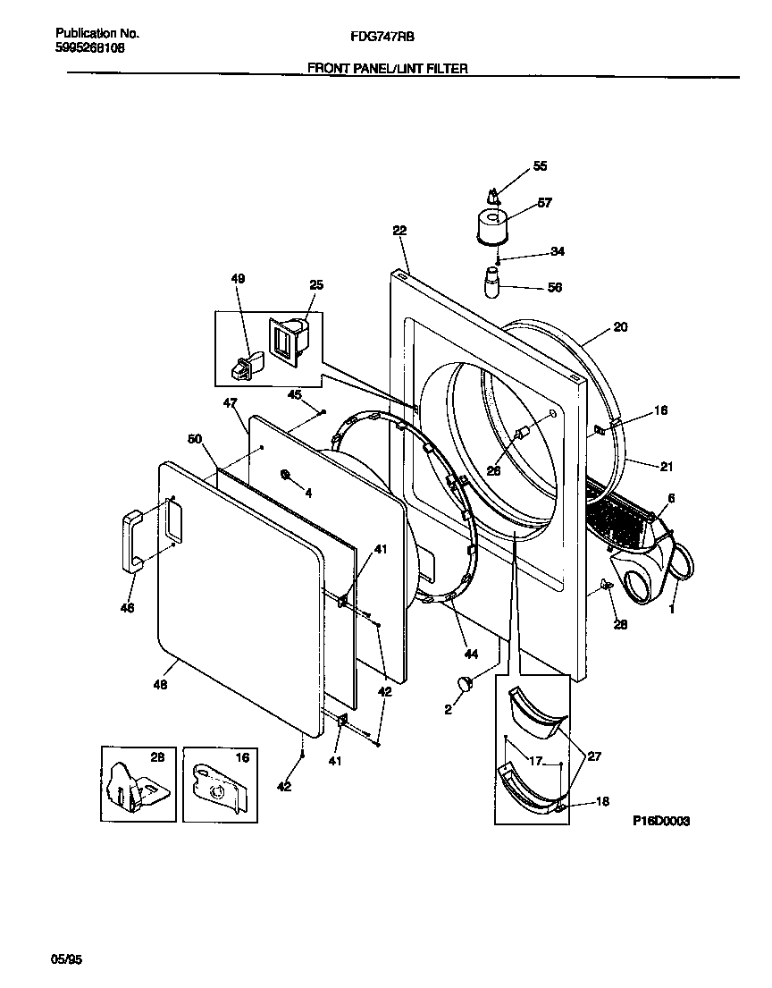 Frigidaire FDG747RBT1 front panel/lint filter diagram