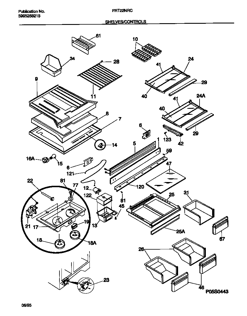 Frigidaire FRT22NRCD0 shelves/controls diagram