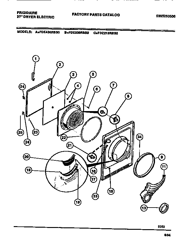 Frigidaire FDE436RBS0 door, front panel, lint filter diagram