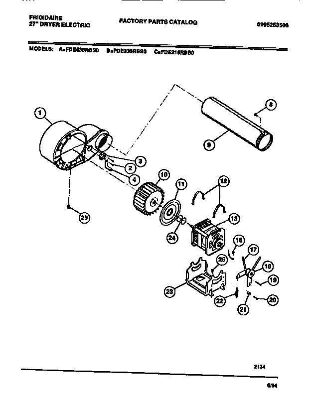 Frigidaire FDE436RBS0 motor, fan housing, exhaust duct diagram