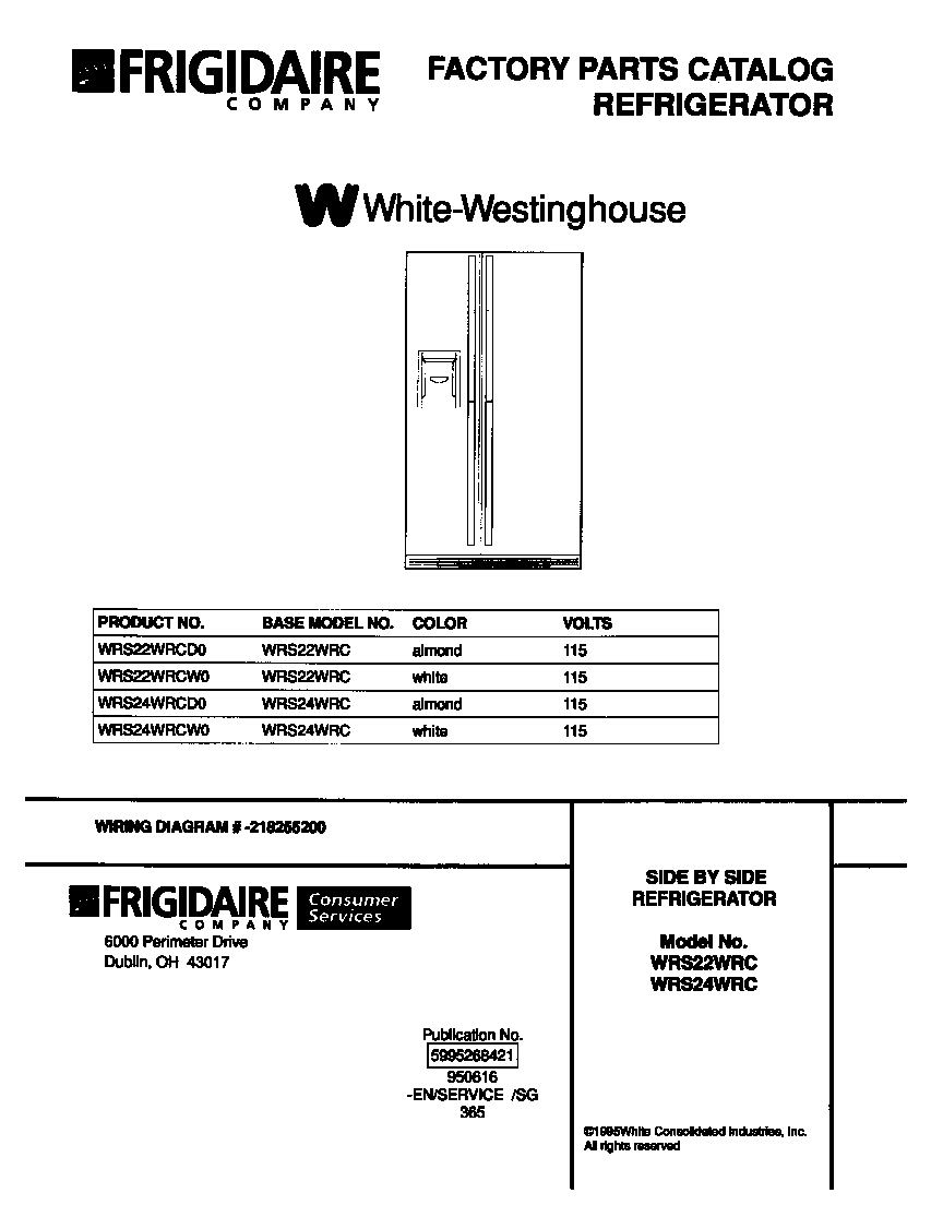White-Westinghouse WRS22WRCW0 front cover diagram