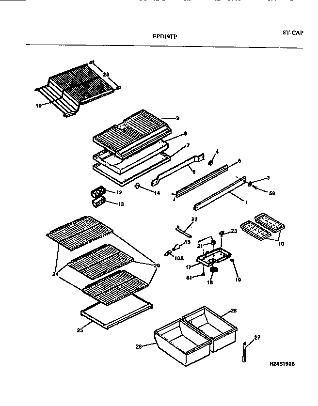 Frigidaire FPD19TPW1 shelves, controls, divider, mullion diagram