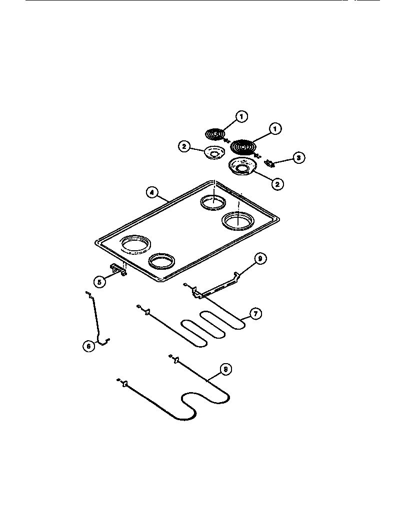 Frigidaire RG533DH3 cook top, surface units, drip pans diagram