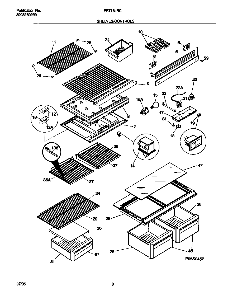 Frigidaire FRT16JRCZ0 shelves/controls diagram