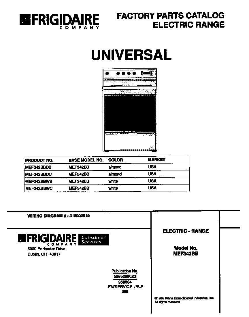 Universal/Multiflex (Frigidaire) MEF342BBDB cover diagram