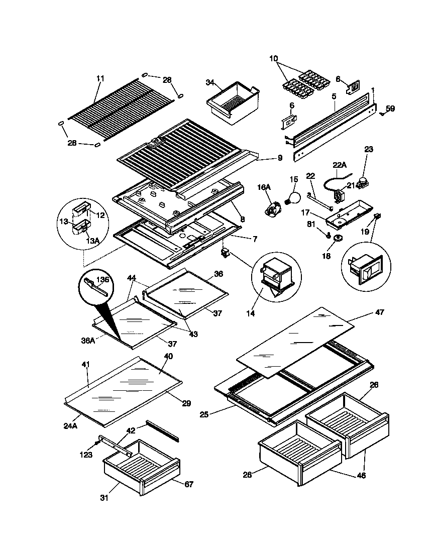 Universal/Multiflex (Frigidaire) MRT16RNCD0 shelves/controls diagram