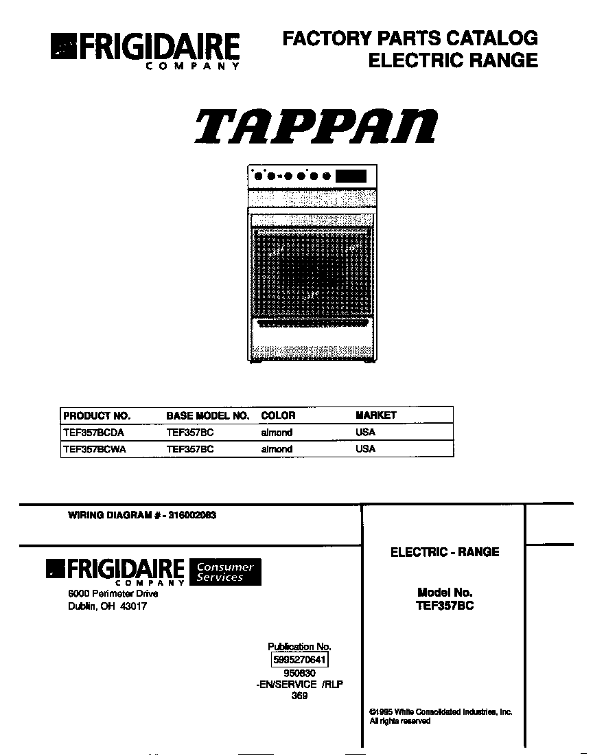 Tappan TEF357BCDA cover diagram