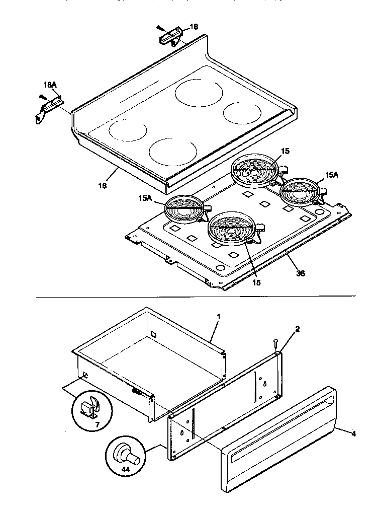 Tappan TEF357BCDA top/drawer diagram