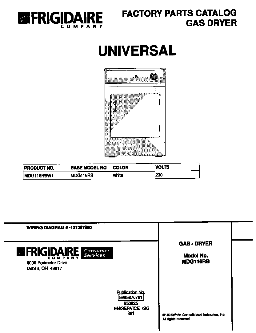 Universal/Multiflex (Frigidaire) MDG116RBW1 cover diagram