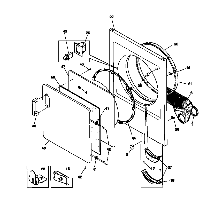 Universal/Multiflex (Frigidaire) MDG116RBW1 front panel/lint filter diagram
