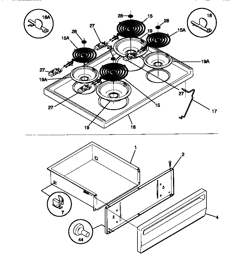 Tappan TEF352SCWA top/drawer diagram