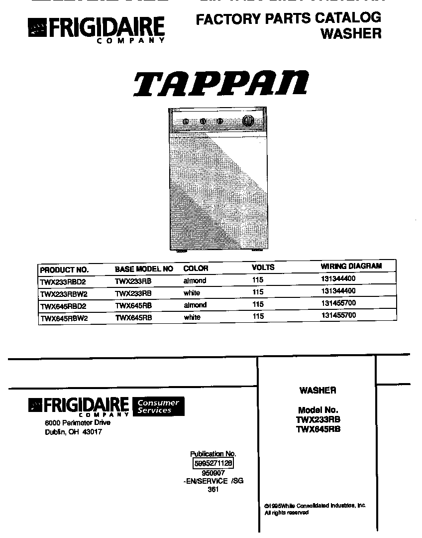 Tappan TWX645RBD2 cover page diagram