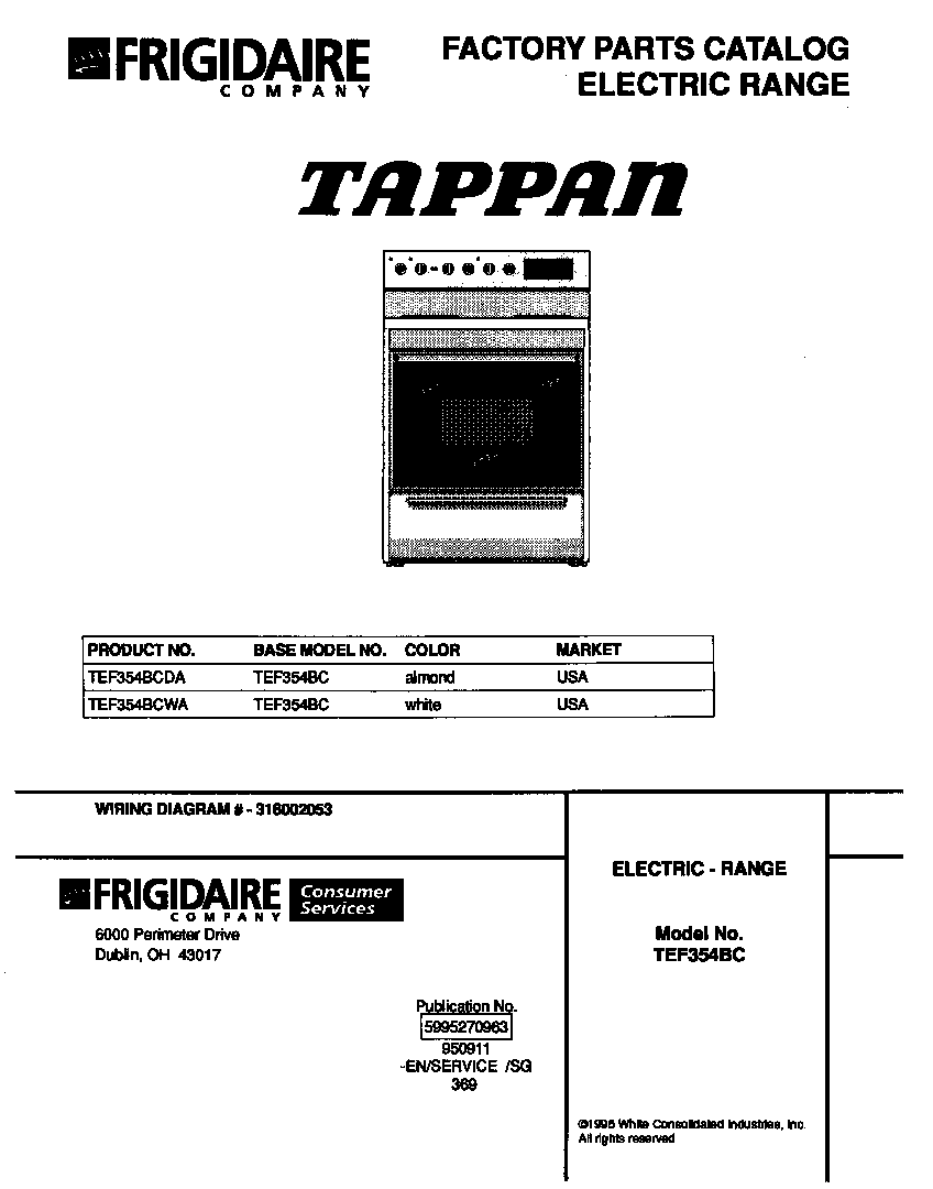 Tappan TEF354BCDA cover diagram