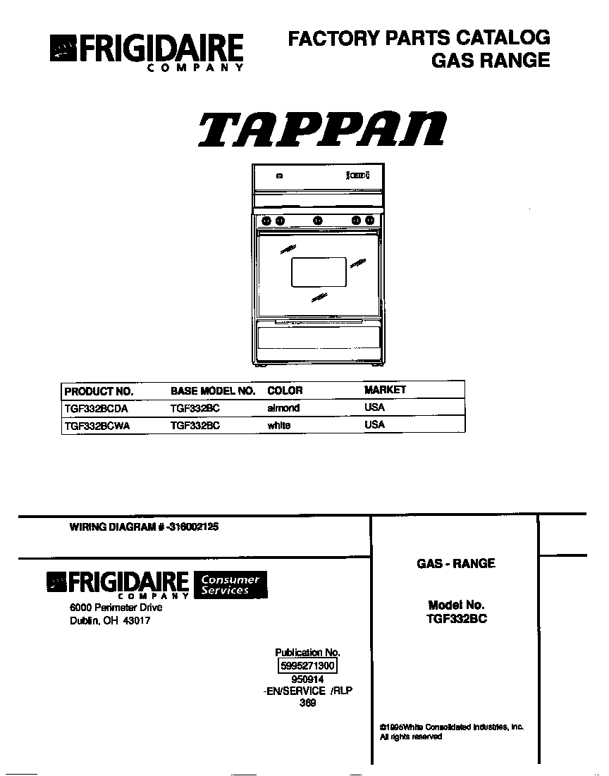 Tappan TGF332BCWA cover diagram