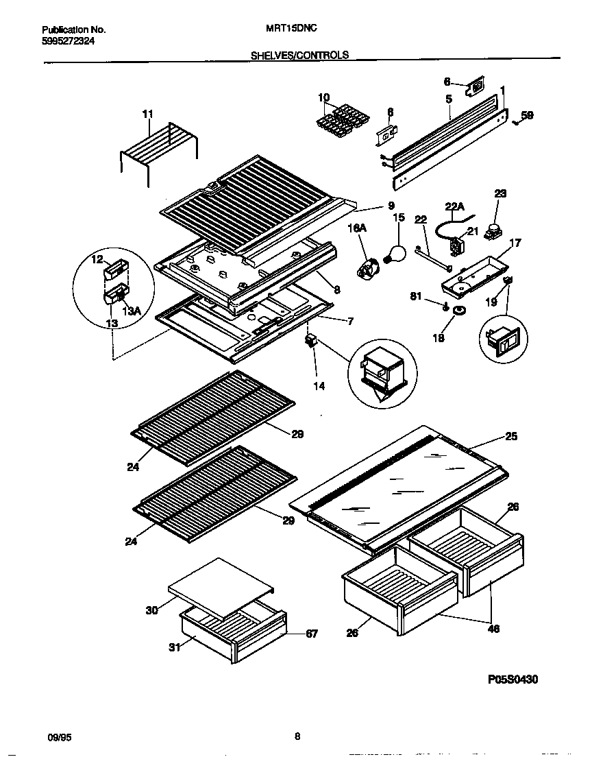 Universal/Multiflex (Frigidaire) MRT15DNCD1 shelves/controls diagram