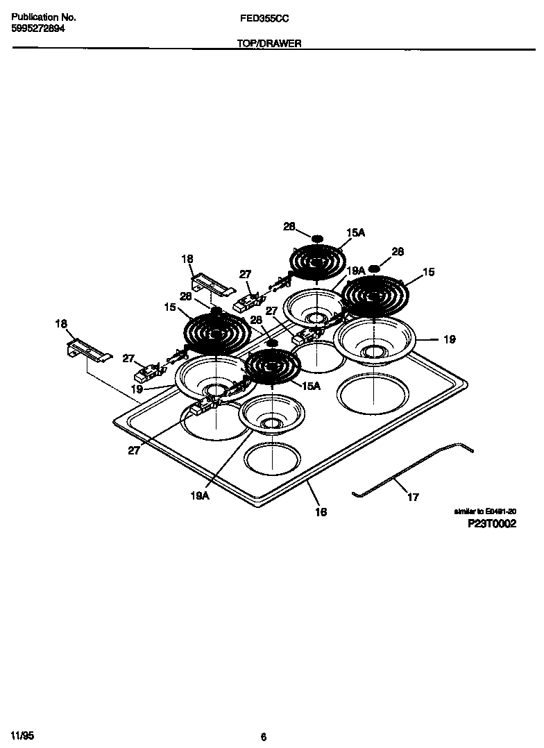 Frigidaire FED355CCTB top/drawer diagram
