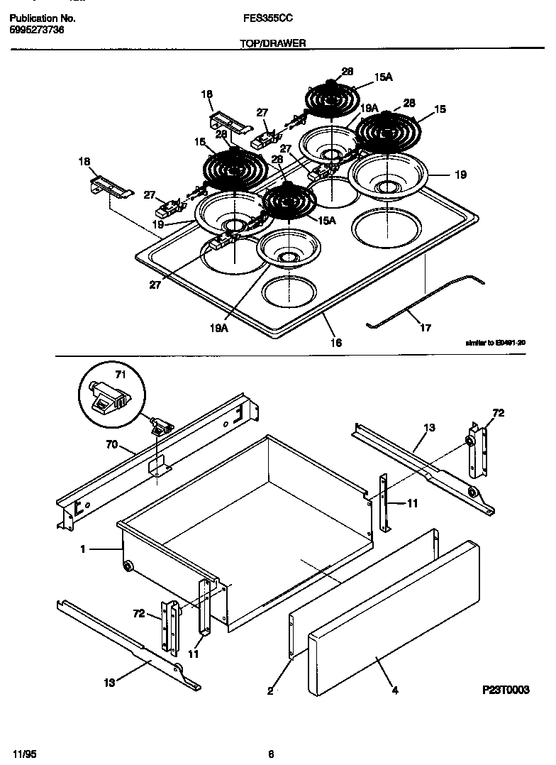 Frigidaire FES355CCBA top/drawer diagram