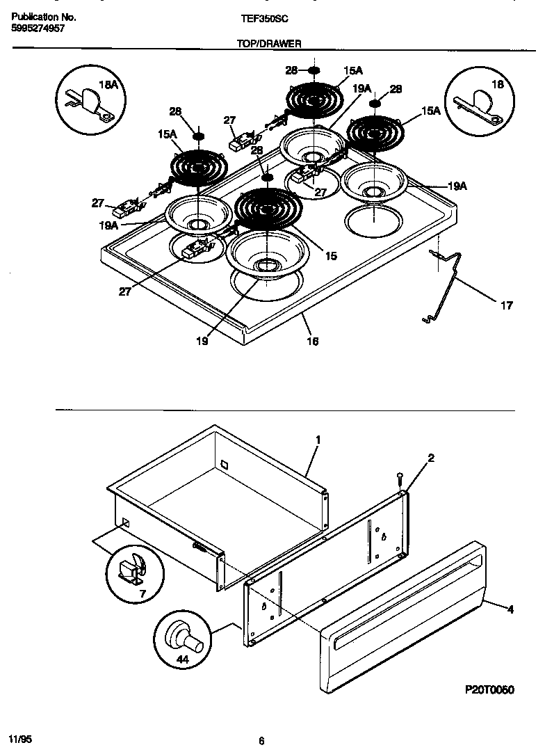 Tappan TEF350SCWB top/drawer diagram