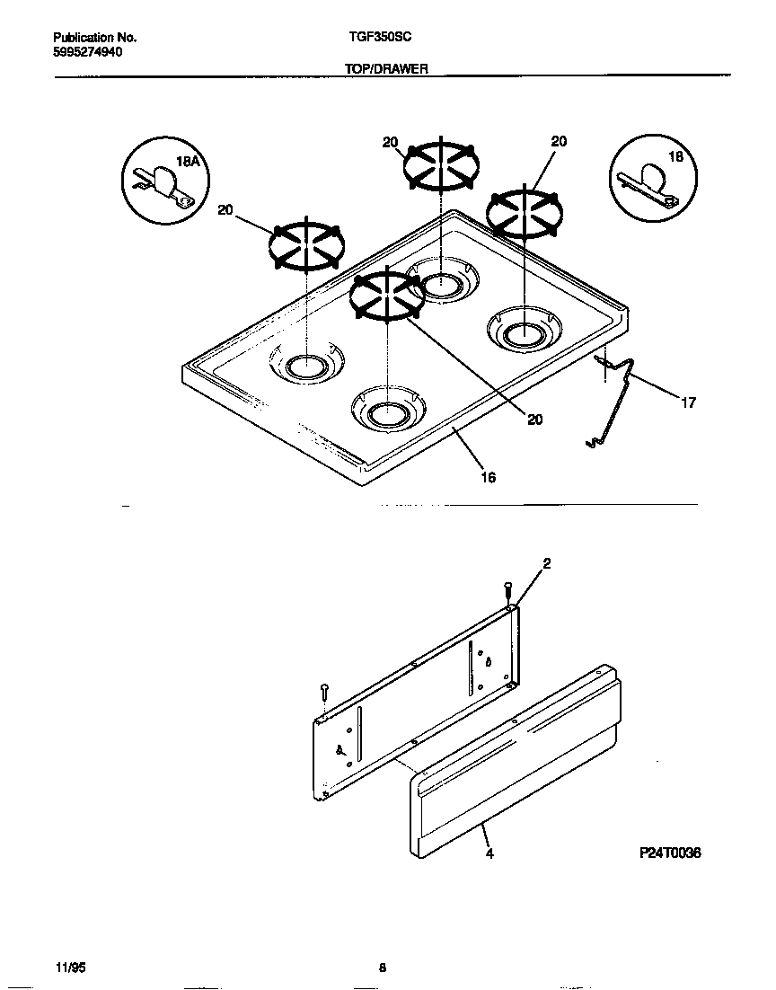 Tappan TGF350SCWB top/drawer diagram