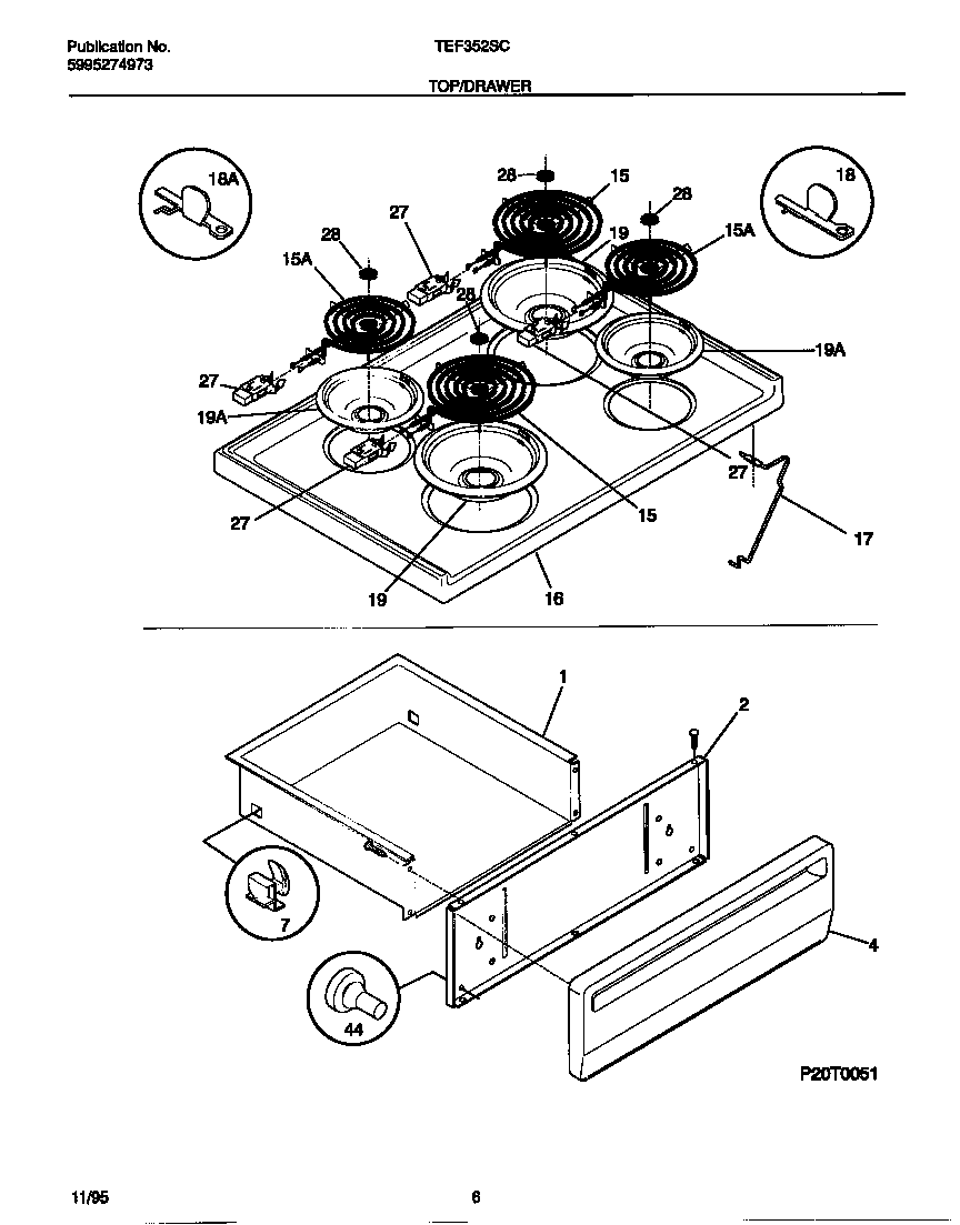 Tappan TEF352SCWB top/drawer diagram