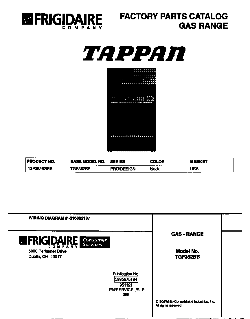 Tappan TGF362BBBB cover diagram