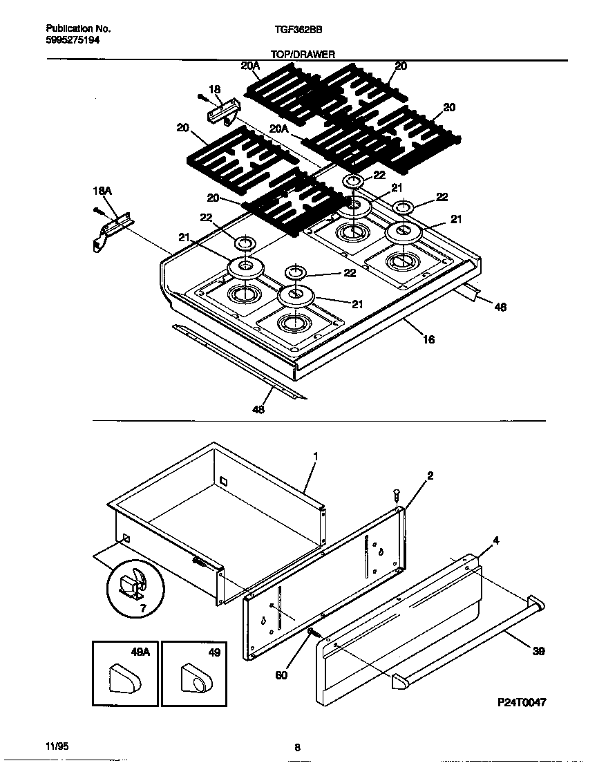 Tappan TGF362BBBB top/drawer diagram