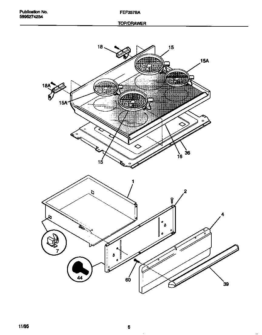 Frigidaire FEF357BAWE top/drawer diagram