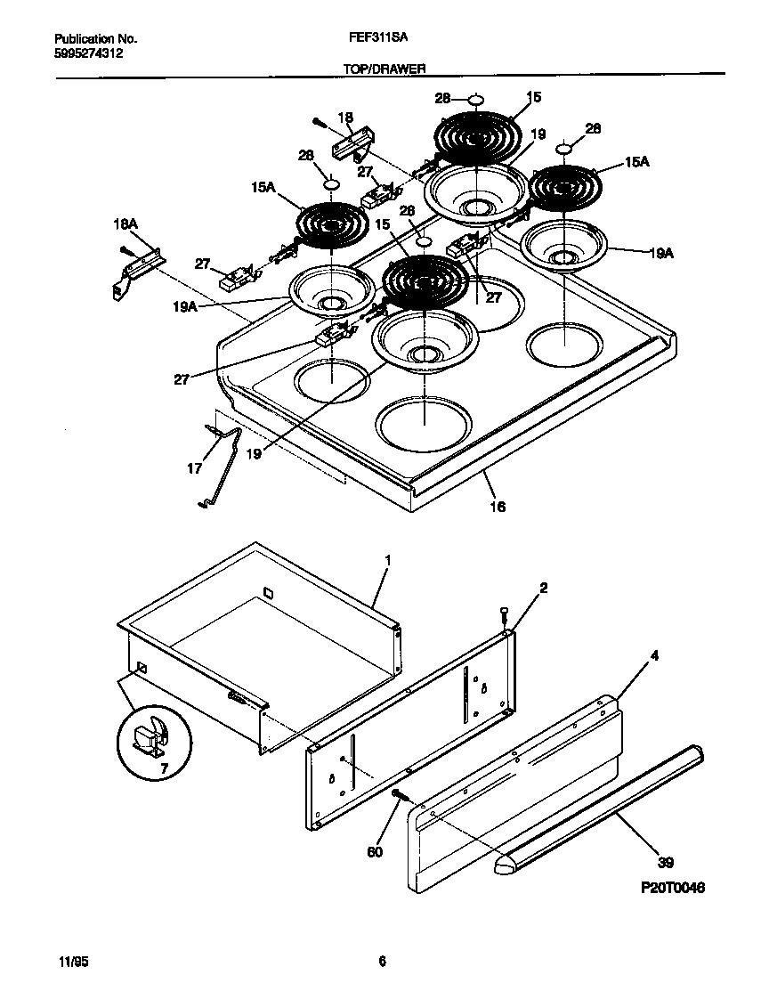 Frigidaire FEF311SADD top/drawer diagram