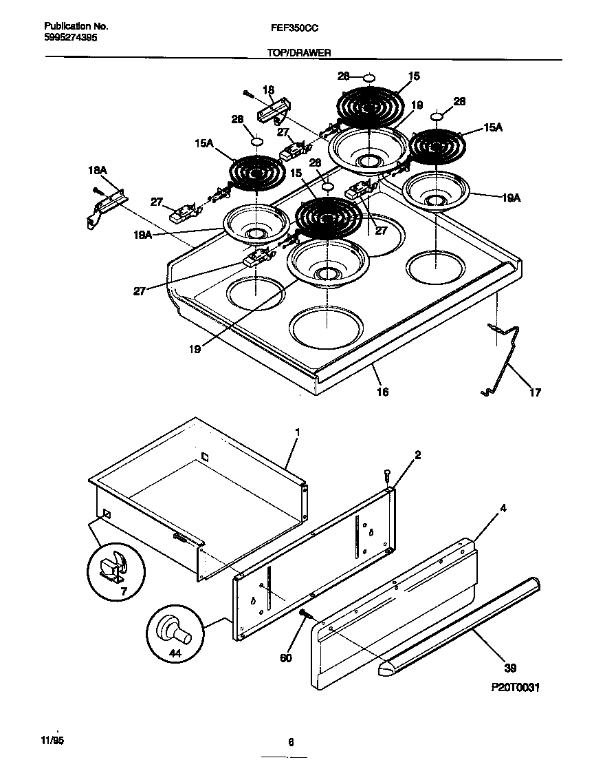 Frigidaire FEF350CCTD top/drawer diagram