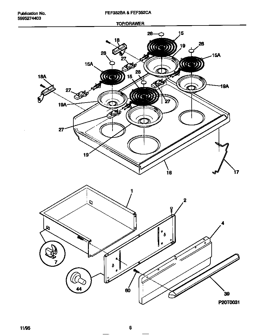 Frigidaire FEF352BADE top/drawer diagram