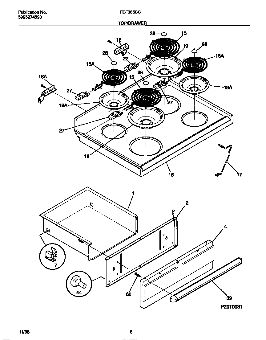 Frigidaire FEF385CCSD top/drawer diagram