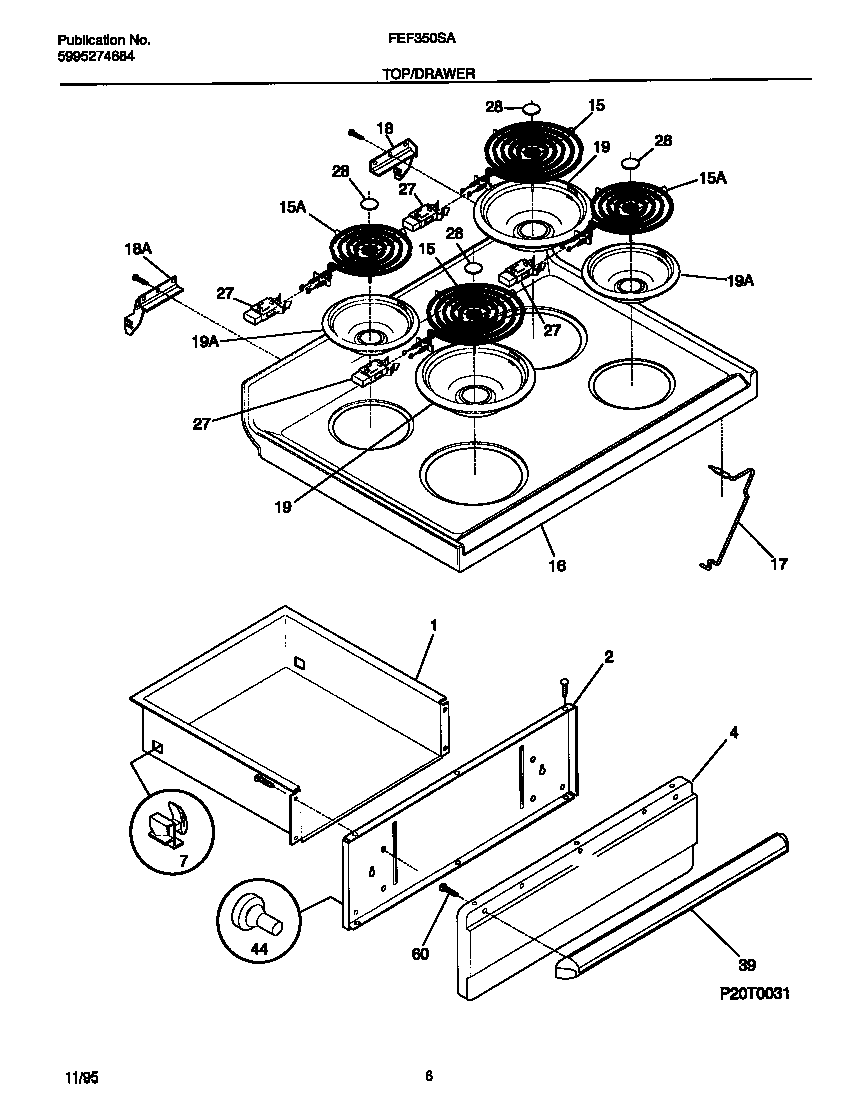 Frigidaire FEF350SAWE top/drawer diagram