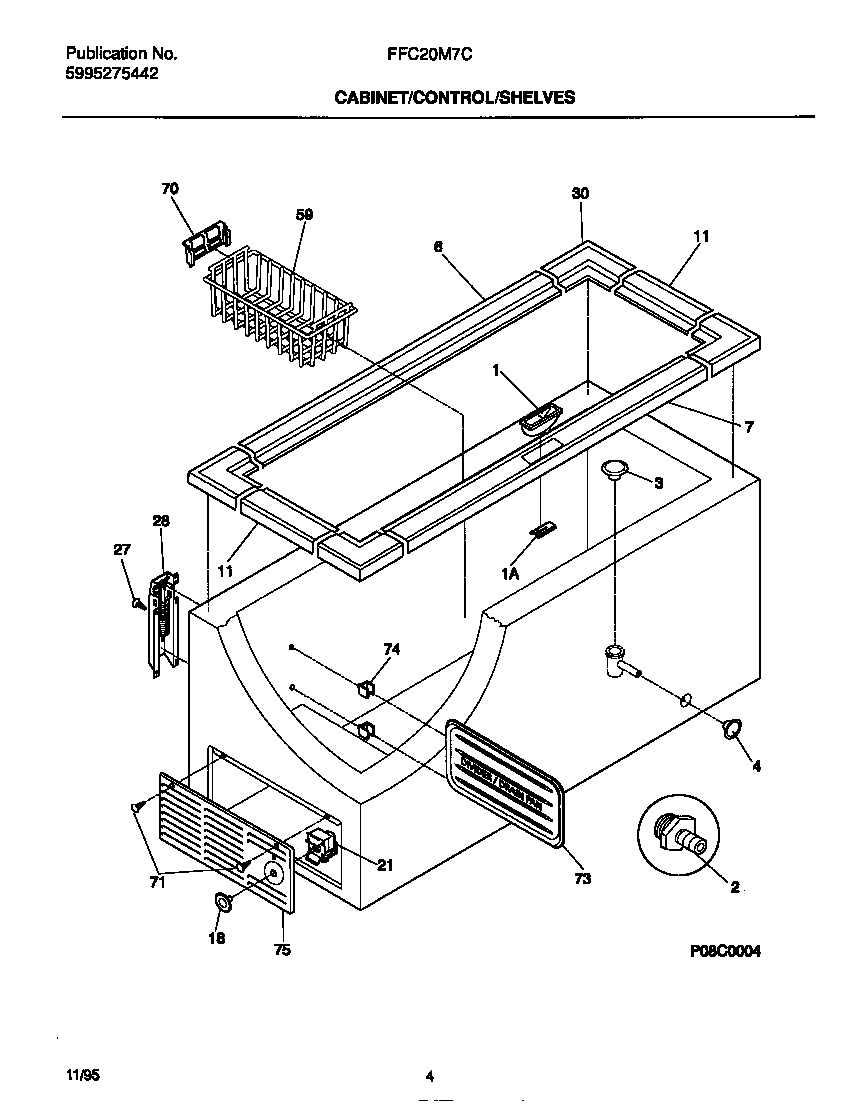 Frigidaire FFC20M7CW1 cabinet/controls/shelves diagram