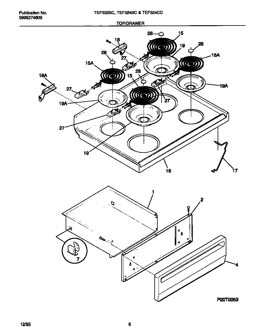 Tappan TEF324BCWB top/drawer diagram