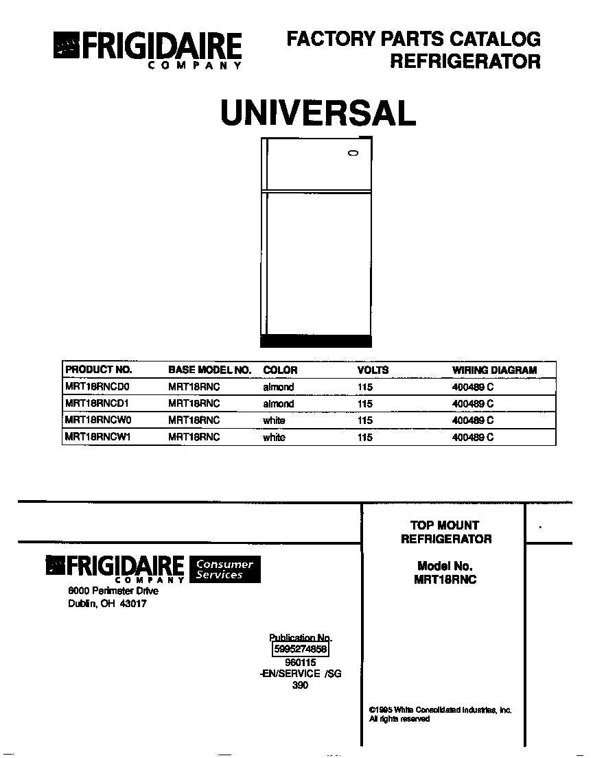 Universal/Multiflex (Frigidaire) MRT18RNCW0 cover diagram