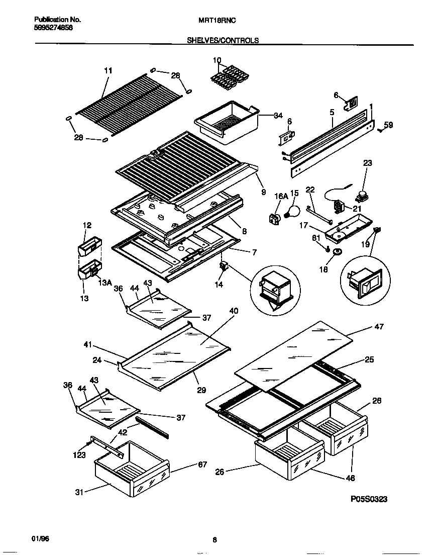 Universal/Multiflex (Frigidaire) MRT18RNCW0 shelves/controls diagram