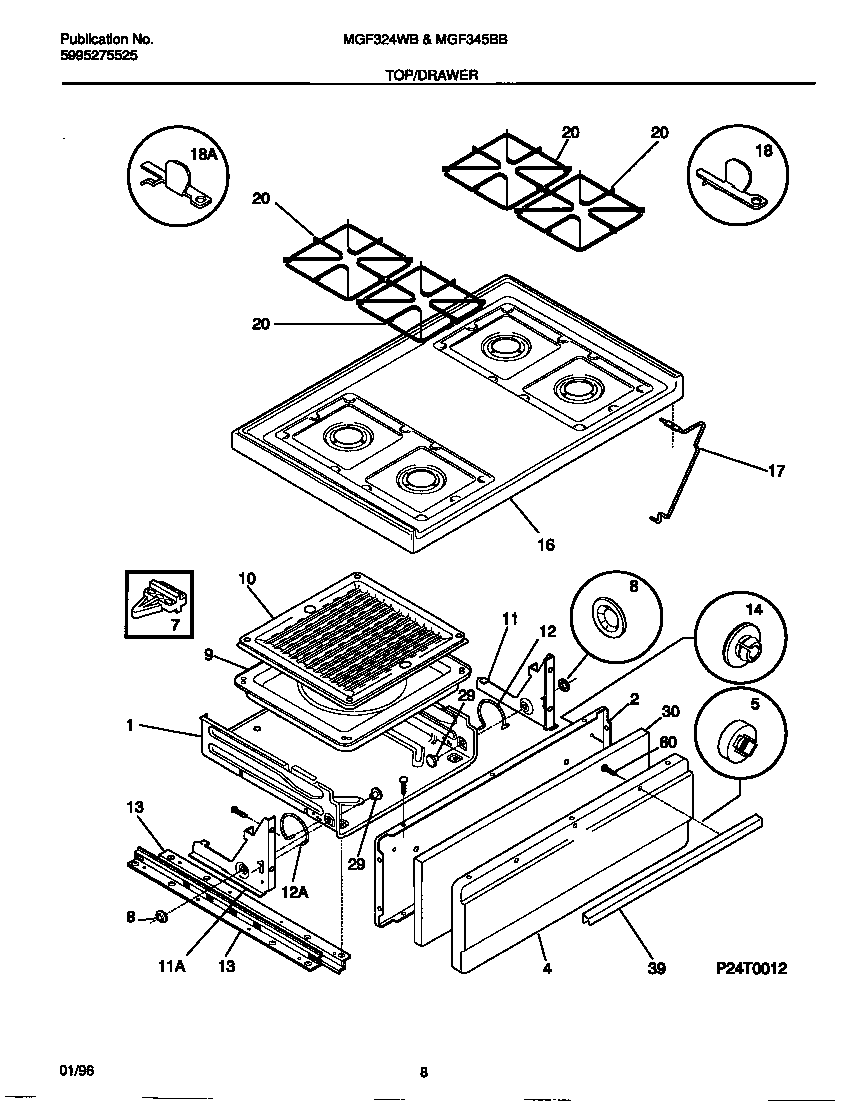 Universal/Multiflex (Frigidaire) MGF345BBWD top/drawer diagram
