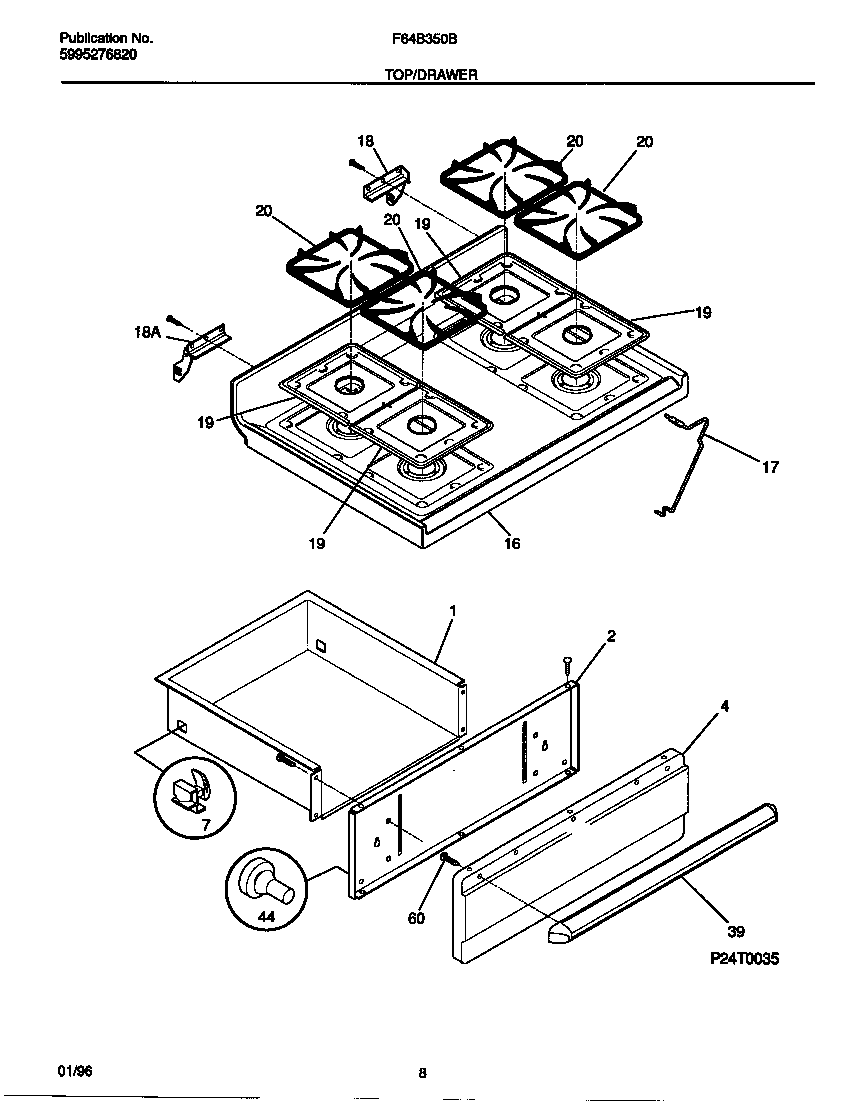 Frigidaire F64B350BWB top/drawer diagram