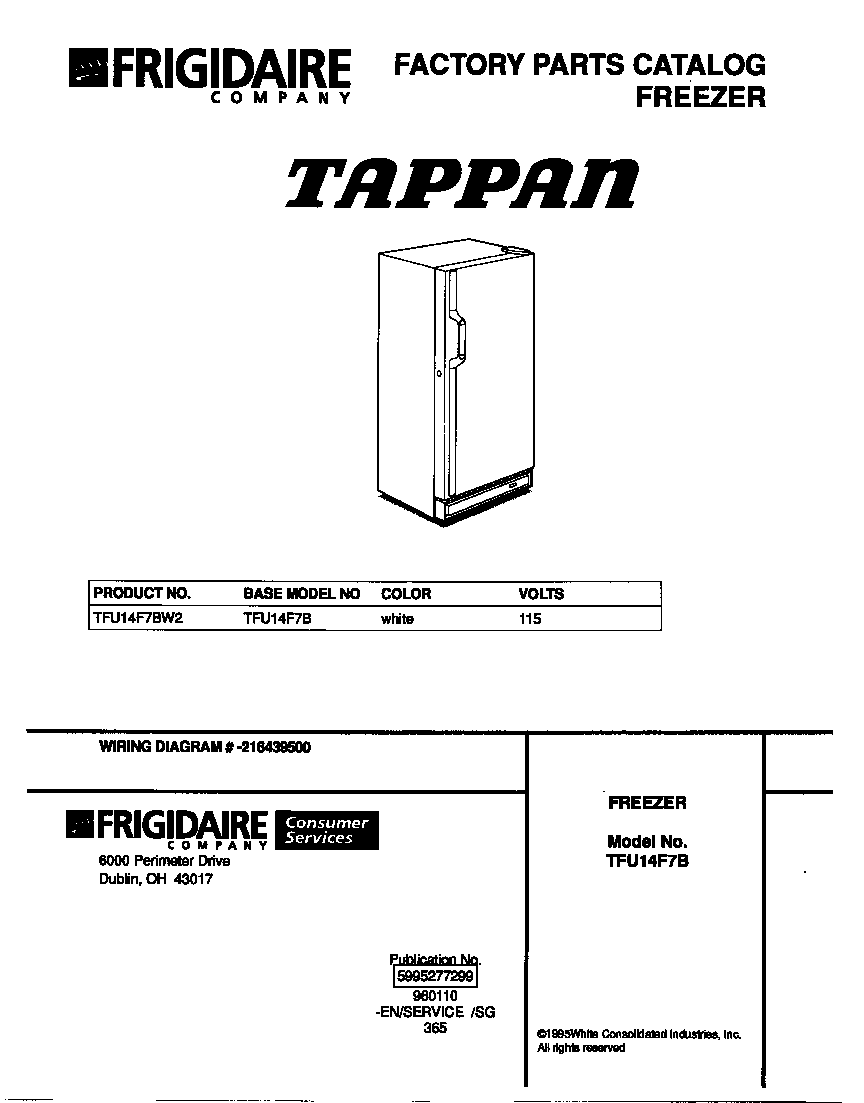 Tappan TFU14F7BW2 cover diagram