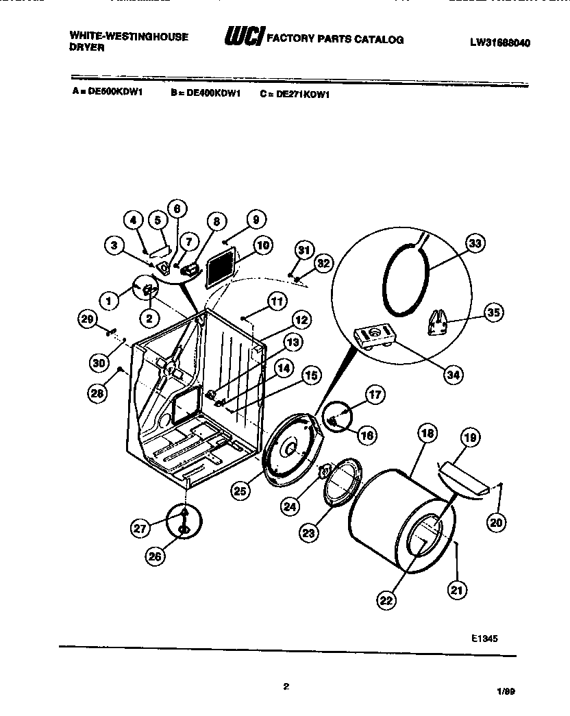 White-Westinghouse DE500KDW1 cabinet and drum diagram
