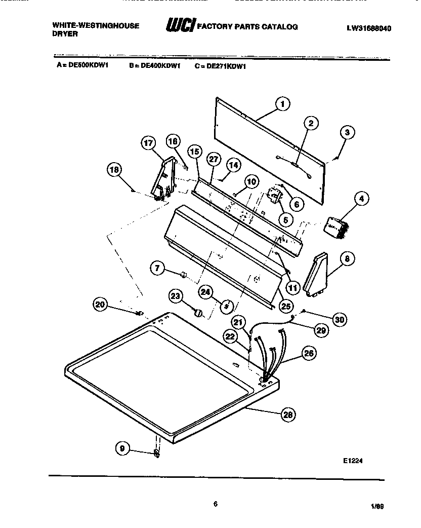 White-Westinghouse DE500KDW1 control panel and top diagram