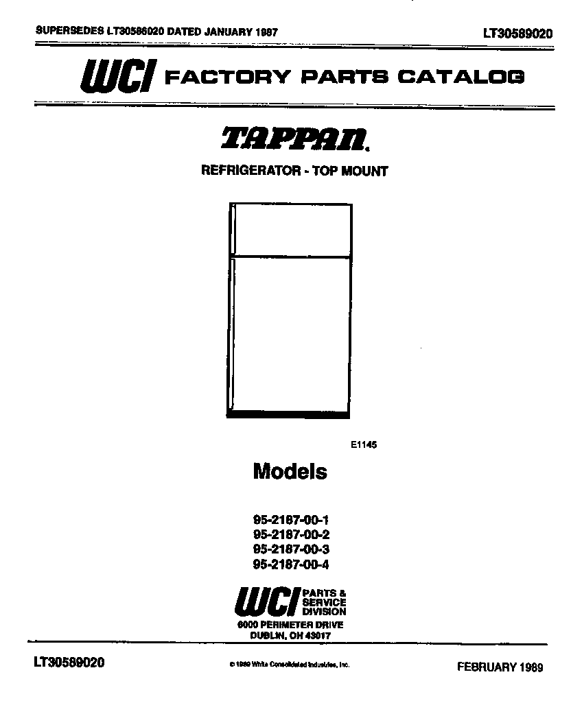Tappan 95-2187-00-4 front cover diagram