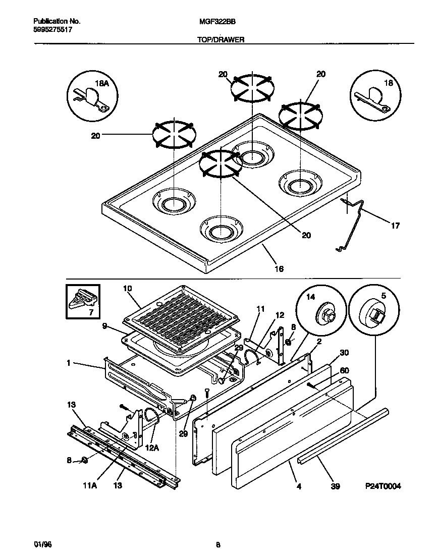 Universal/Multiflex (Frigidaire) MGF322BBDD top/drawer diagram